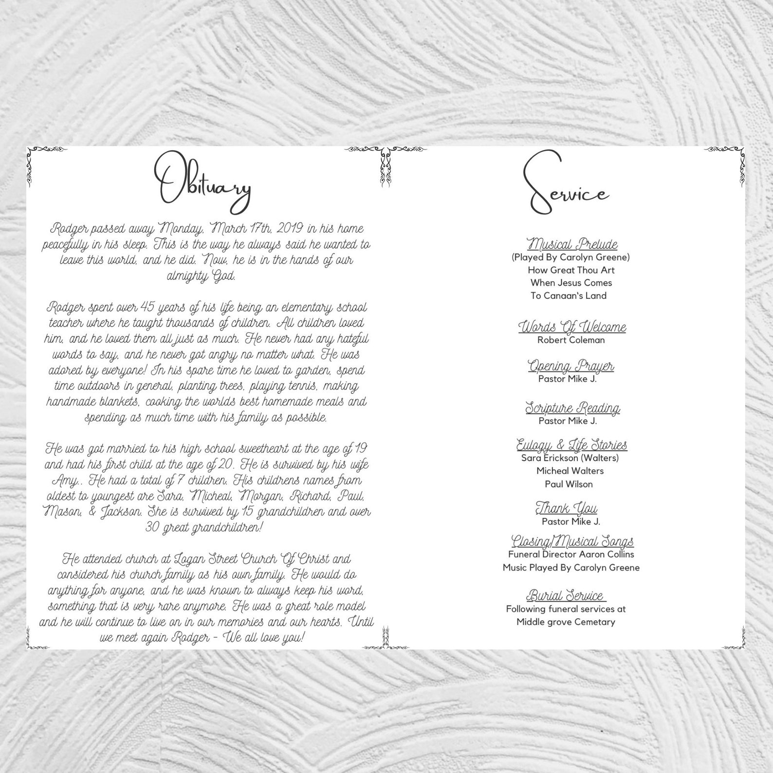 OBITUARY TEMPLATE Funeral Program, Printable Funeral Pamphlet, Editable