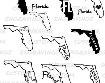 May include: A set of nine black and white outline Florida state shapes. Some of the shapes include the word "Florida" written inside the state outline. Some of the shapes include the letters "FL" inside the state outline. One of the shapes includes the word "Home" inside a heart.