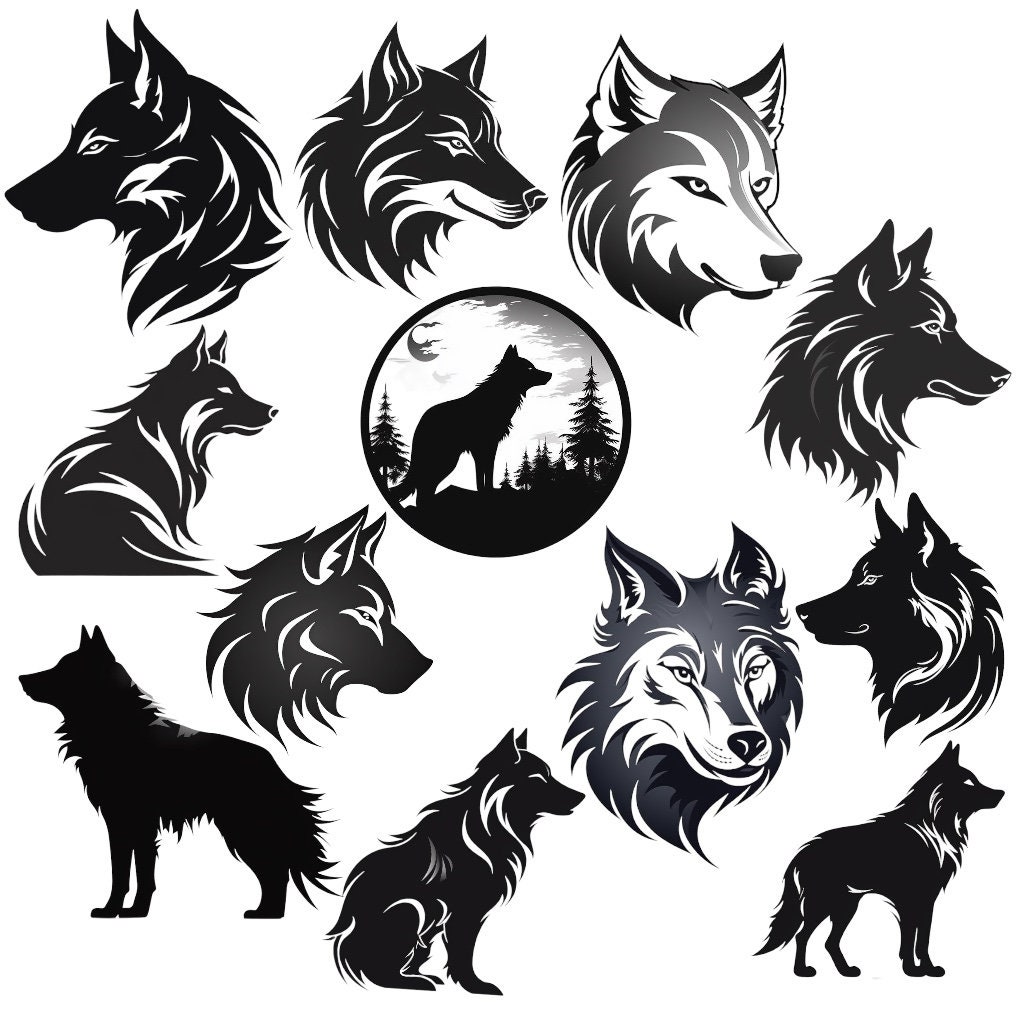 Set of 12 Wolf Silhouette PNG Graphics - Black and White Wolves