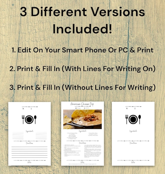 Printable Recipe Card Template Editable Cookbook Cards - Etsy