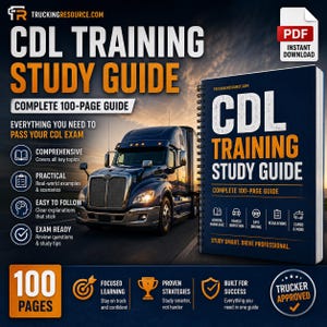 May include: A spiral-bound CDL Training Study Guide with a dark blue cover featuring a semi-truck image and the text CDL TRAINING STUDY GUIDE COMPLETE 100-PAGE GUIDE. The cover includes icons for general knowledge, vehicle inspection, and safe driving.