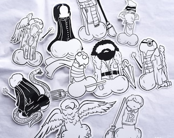 May include: A set of 10 black and white Harry Potter character stickers. The stickers feature characters like Harry Potter, Ron Weasley, Hermione Granger, and more. Each sticker is a unique illustration of a character from the Harry Potter series.