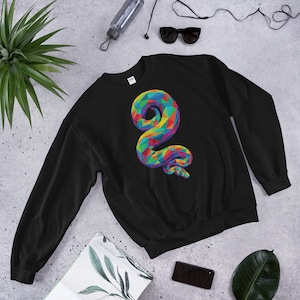 May include: Black sweatshirt with a colorful geometric snake design on the front.