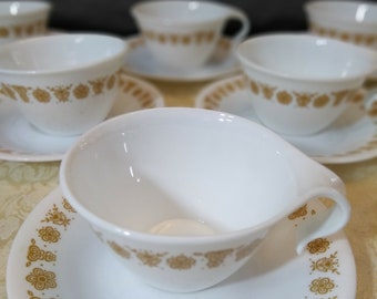 Corelle Gold Butterfly Hook Handle Cups Saucer Set of 6 1970 Corning Corell