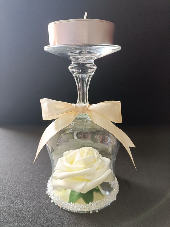 Upside Down Wine Glass With a Rose and Scented Candle - Etsy