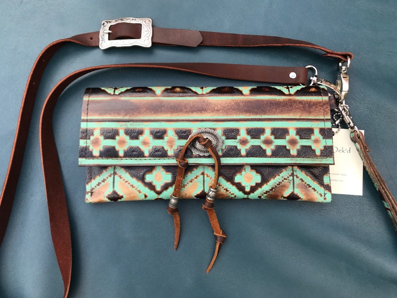 Leather Navajo turquoise and brown print embossed wallet | Etsy