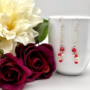 Red and silver glass bead silver chain earrings
