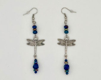 Silver plated dragonfly bead detail dangle earrings