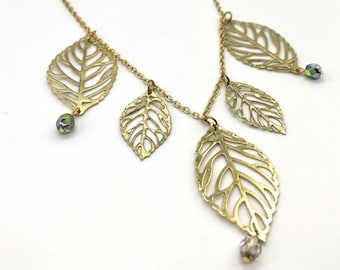 Gold plated leaf cutout dangles chain necklace