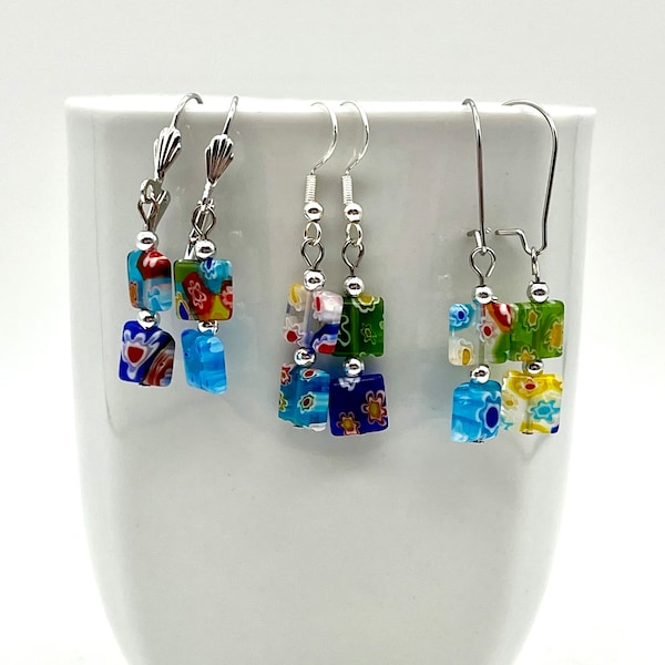 Multi-color millefiori square glass bead earrings