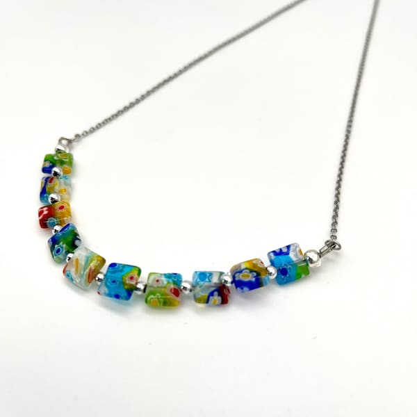 Multi-color millefiori square glass chain necklace