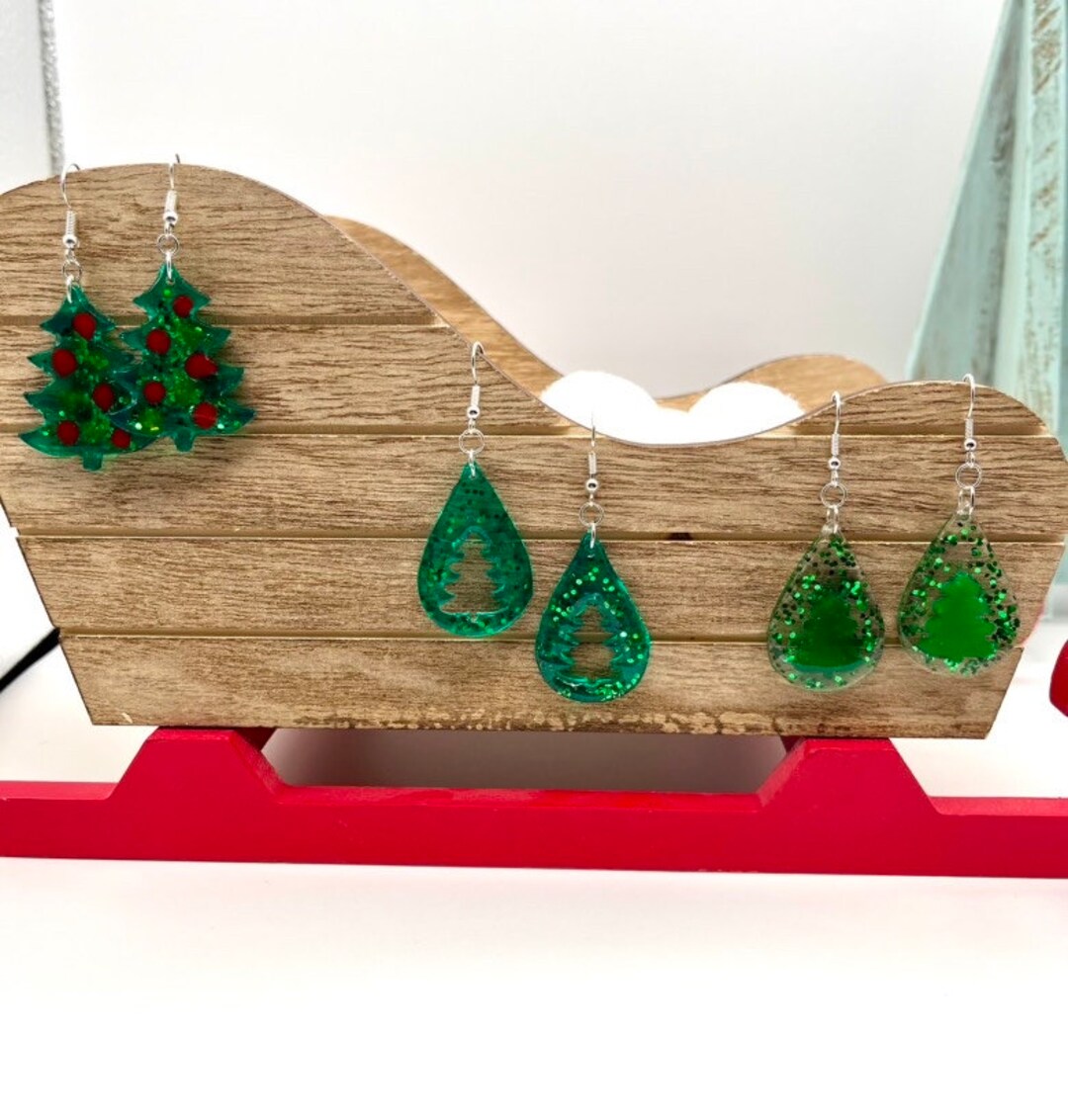 Resin Christmas Tree Drop Earrings Holiday Tree Earrings Etsy