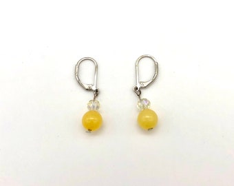 Yellow natural stone and glass bead lever back earrings