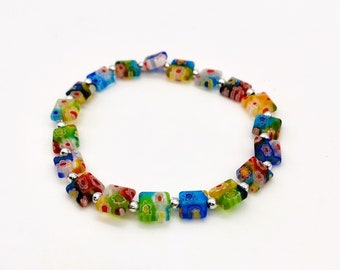 Multi-color millefiori square beaded stretch bracelet