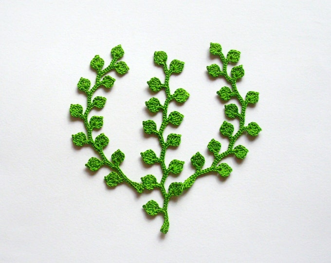 Tiny crochet branches home decor Wedding decoration Scrapbooking Branch with leaves decoration Green crochet branch applique