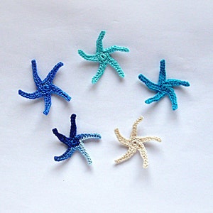 5 Cotton Crochet starfishes applique, Sea creature embellishment,  Miniature starfish applique, Tiny blue starfish embellishment, 1.4" diam.