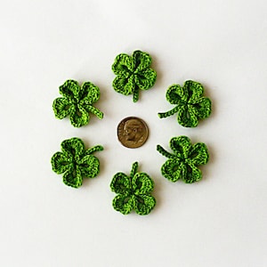 6 small hand crochet clovers, 4 leaved green clover embellishments, Clover applique, Shamrock applique  1" / 2.5 cm diameter