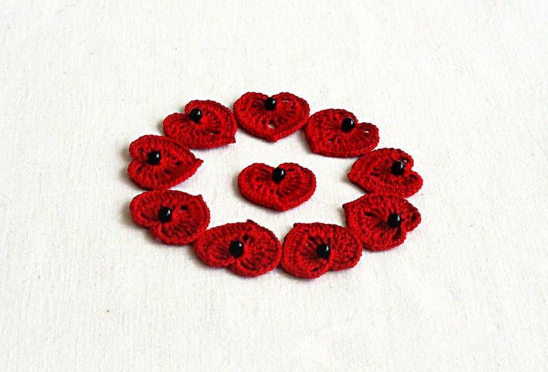 Set of 10 hand crochet red hearts Small heart embellishment Wedding decoration Lace heart appliques