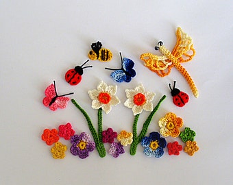 Applique au crochet de jardin jonquille, Fleurs au crochet faites à la main, papillons, embellissements de coccinelles, Ensemble de 20 petits objets au crochet, Scrapbooking