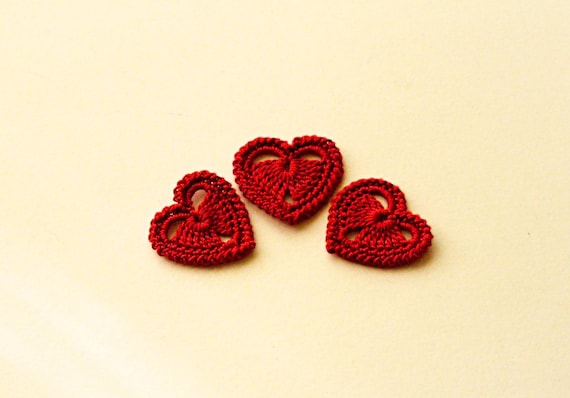 Set of 10 hand crochet red hearts Small heart embellishment Wedding decoration Lace heart appliques
