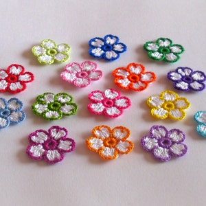 15 hand crochet tiny flowers appliques, colorful flower embellishment, Party decoration, scrapbooking, home decor, 1.2 inch /3 cm