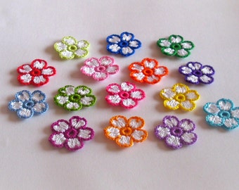 15 hand crochet tiny flowers appliques, colorful flower embellishment, Party decoration, scrapbooking, home decor, 1.2 inch /3 cm