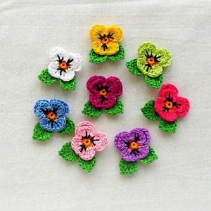 8 small hand crochet pansies with leaves, violet with leaves embellishment, home decor, scrapbooking, decoration,  1.2 inch /3 cm diameter