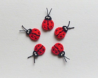 5 applique di coccinelle all'uncinetto di cotone, abbellimento di piccole coccinelle, abbellimento di coccinelle rosse, meno alto un pollice