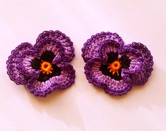 2 pcs hand crochet pansy flowers, small violet embellishment, crochet pansy application, home decor, scrapbooking, 2 inch /5 cm diam