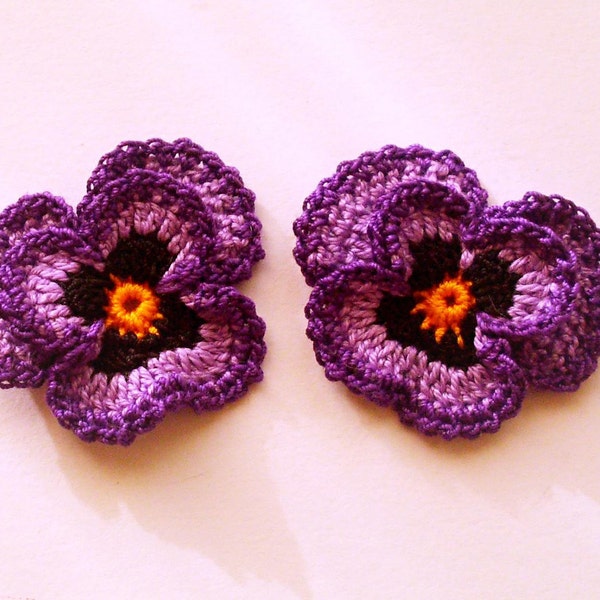2 pcs hand crochet pansy flowers, small violet embellishment, crochet pansy application, home decor, scrapbooking, 2 inch /5 cm diam
