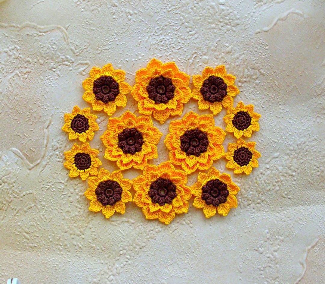 12 Hand Crochet Sunflowers Embellishment 3 Sizes Sunflowers Etsy
