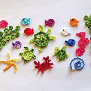 Set of 17 Cotton Crochet Sea Creatures Appliques, Sea creature embellishment, Miniature applique, Crochet miniature, Tiny creatures crochet image 1