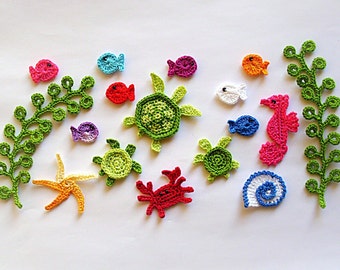 Crochet Cotton Sea Creatures Appliques, Miniature Embellishments (Set of 17)
