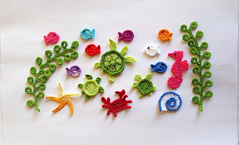 Set of 17 Cotton Crochet Sea Creatures Appliques, Sea creature embellishment, Miniature applique, Crochet miniature, Tiny creatures crochet image 1