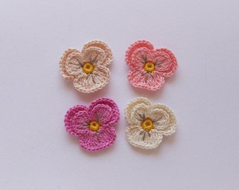 4 hand crochet pansy flowers, small pastel colored violet embellishment, home decor, scrapbooking, decoration, 1.5 inch /3.7 cm diameter