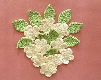 10 white hand crochet flowers with 10 green leaves, flower embellishment, crochet flower applique, scrapbooking, home decor, 0.8" / 2 cm