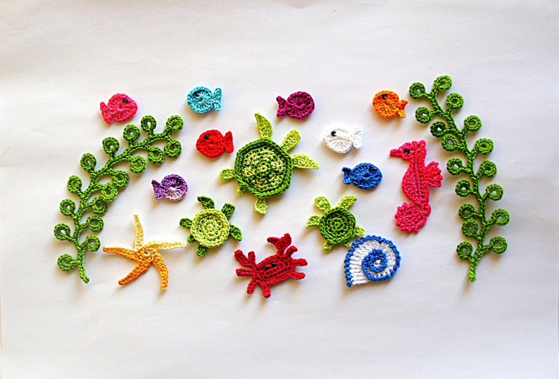 Set of 17 Cotton Crochet Sea Creatures Appliques, Sea creature embellishment, Miniature applique, Crochet miniature, Tiny creatures crochet image 3