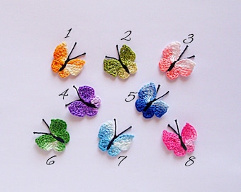 Ensemble de 8 coton crochet papillons applique, embellissement papillon petit fait à la main, décoration de fête, scrapbooking, 1" diamètre