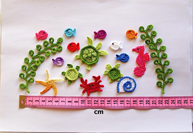 Set of 17 Cotton Crochet Sea Creatures Appliques, Sea creature embellishment, Miniature applique, Crochet miniature, Tiny creatures crochet image 5