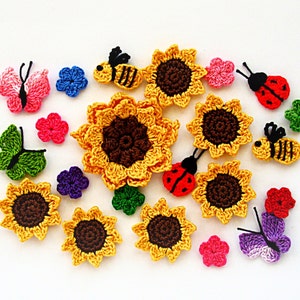 May include: A collection of colorful, crocheted appliques in various shapes, including sunflowers, butterflies, ladybugs, bees, and flowers. The appliques are in shades of yellow, brown, red, pink, blue, green, and purple, perfect for crafting projects.