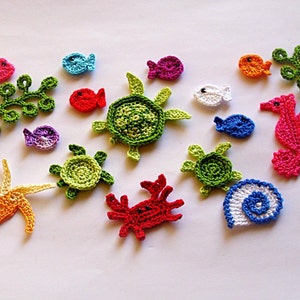 Set of 17 Cotton Crochet Sea Creatures Appliques, Sea creature embellishment, Miniature applique, Crochet miniature, Tiny creatures crochet image 4