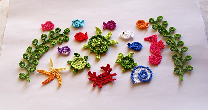 Set of 17 Cotton Crochet Sea Creatures Appliques, Sea creature embellishment, Miniature applique, Crochet miniature, Tiny creatures crochet image 4