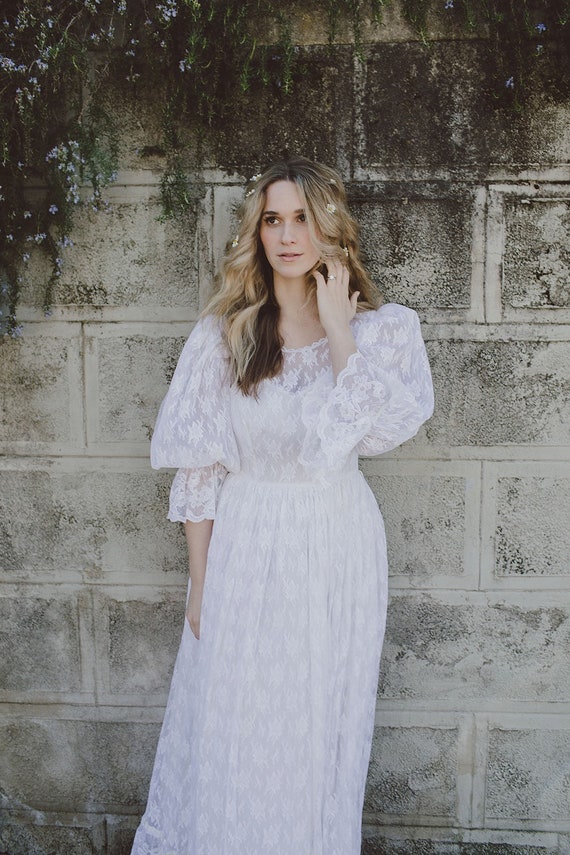 1980s White Lace Wedding Dress Puff Sleeve Etsy