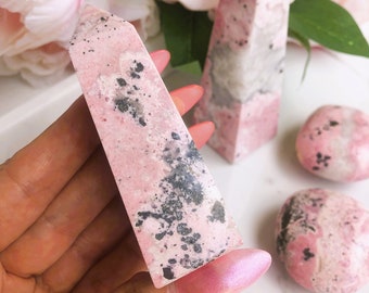 Rhodonite Crystal Obelisk Peruvian Tower with Crystalline Geode Inclusions