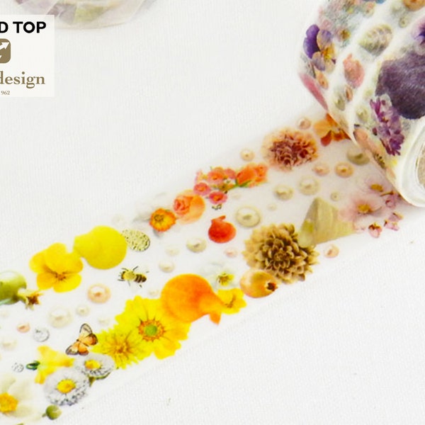 30mm width | Round Top - Yano Design - Flower Line 30mm - Shell & Pastel Floral Washi Masking Tape