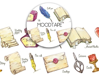 40mm width | Moodtape - Hand Drawn Vintage Old Paper, Inkwell with Ink, Candle and Feather Washi Masking Tape