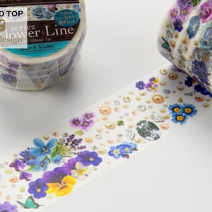 30 mm breed | Ronde bovenkant - Yano Design - Flower Line 30 mm - Blauwe en violette bloemen Washi-afplaktape
