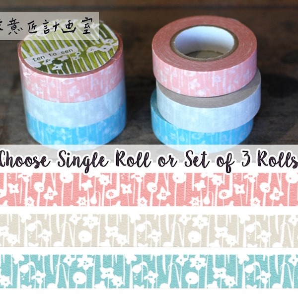 15mm Breite | Classiky - ten to sen - Kleines Blumenmuster Washi Tape (Pink / Hellgrau / Himmelblau / Set) No.26531-04