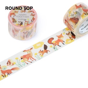 Largeur 30 mm | Dessus rond - wwiinngg - Happy Together, animaux de la forêt, cerf, écureuil, renard, lapin, fleurs, ruban de masquage en Washi