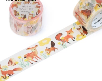 Largeur 30 mm | Dessus rond - wwiinngg - Happy Together, animaux de la forêt, cerf, écureuil, renard, lapin, fleurs, ruban de masquage en Washi